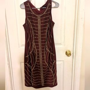 Size 16 Beautiful Burgundy sleeveless dress with Gold patterned beading